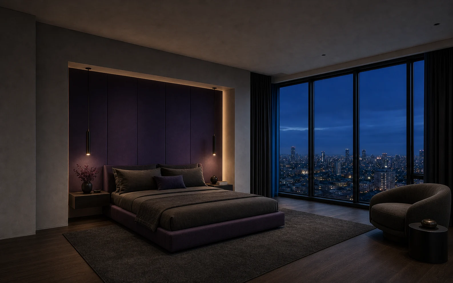 Completed dark luxury bedroom overlooking the city