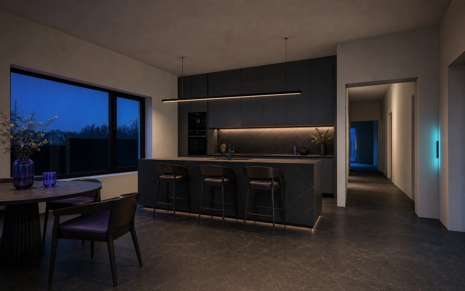 Completed charcoal luxury kitchen and dining space