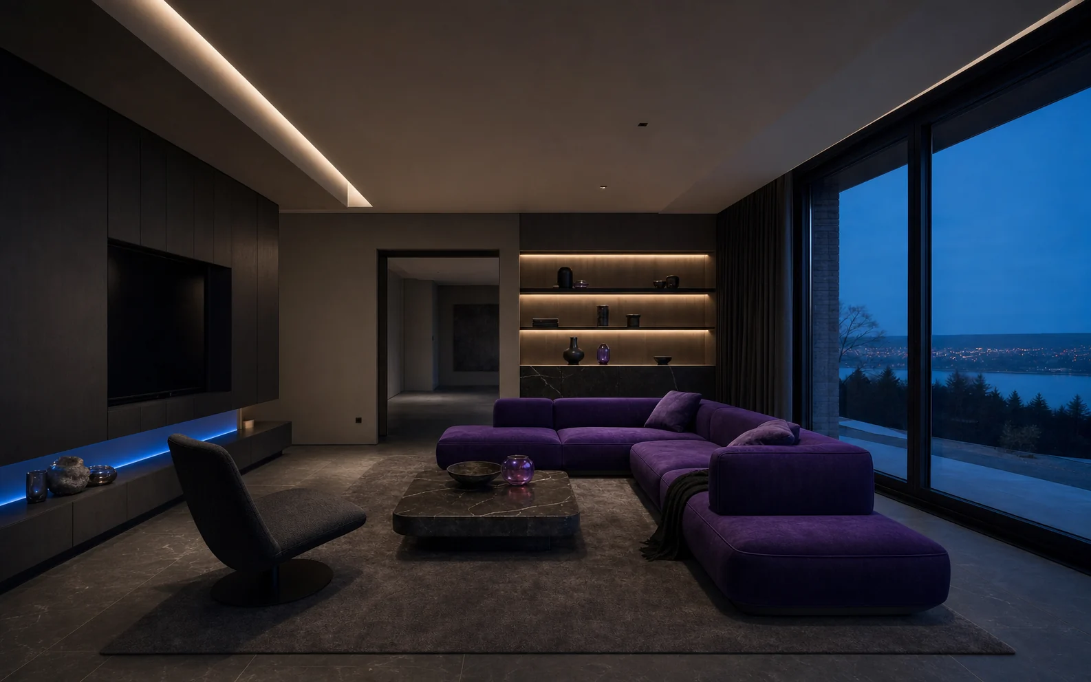 Completed dark luxury living room with violet seating